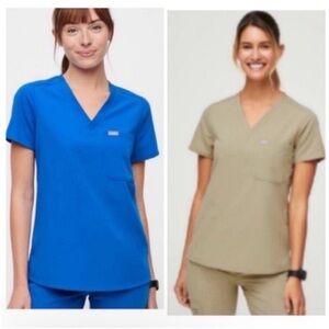 FIGS Technical Collection Women’s V-Neck Medical Scrub Top - Blue and Khaki Sz S